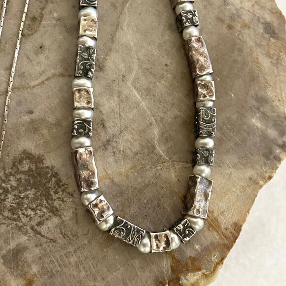 Oxidized Sterling Silver 925 Floral Stamped Rectangular Beaded Pearl Necklace - Picture 2 of 16